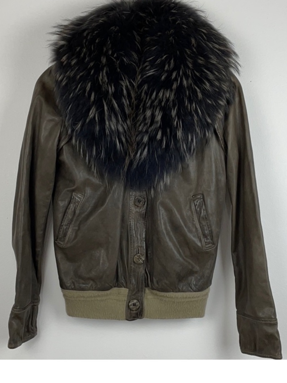 EUC Giorgio Brato Dark Stone Gray Leather Jacket with detachable fur collar